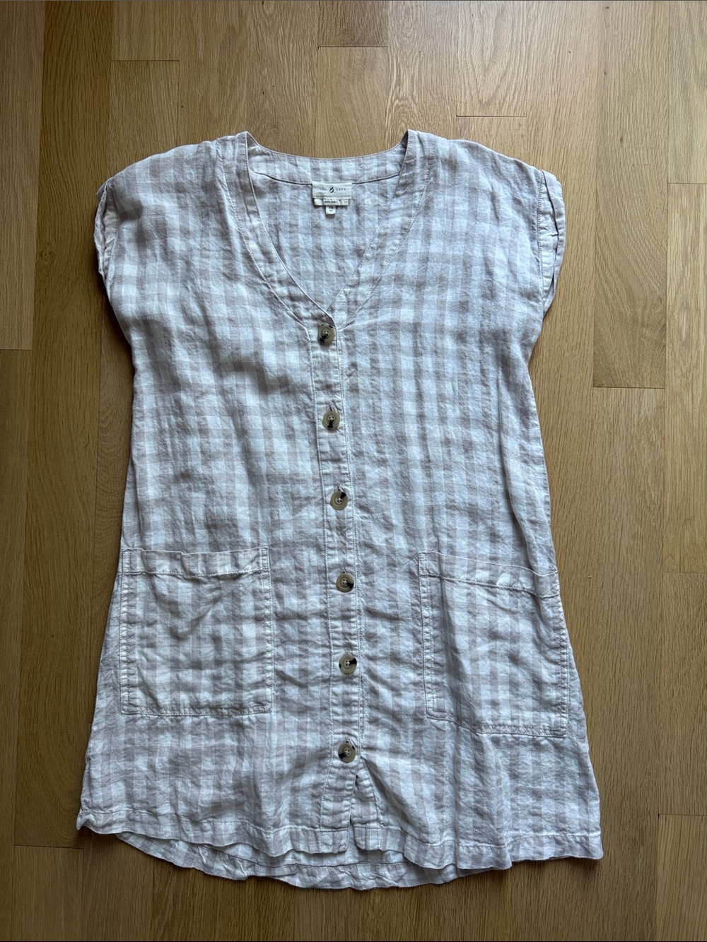 Lou & Grey Light Pink and White Gingham Linen Button-Front Dress